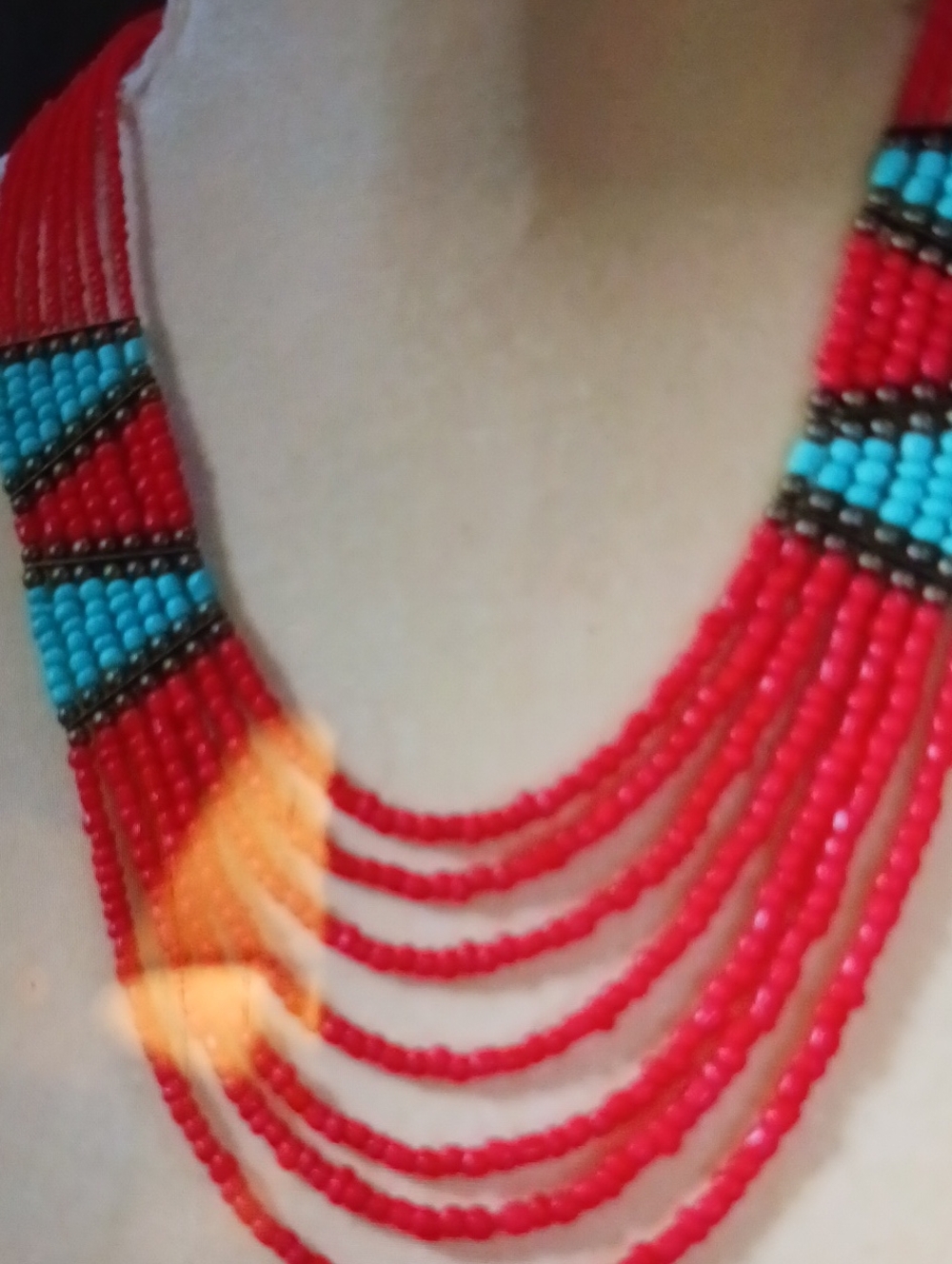 Red and Turquoise Beaded Multi-Strand Necklace